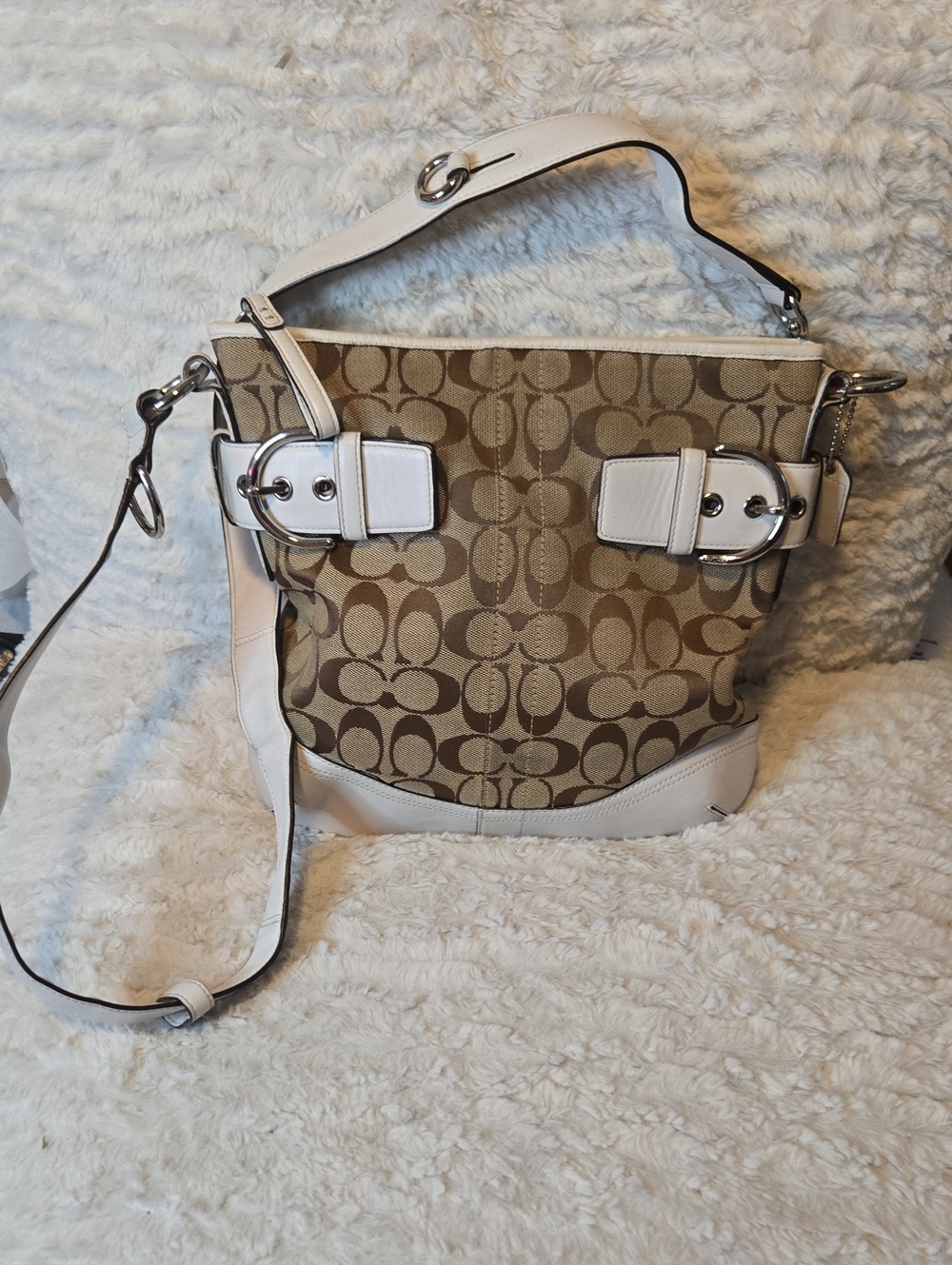 Coach Khaki Signature Canvas Shoulder Bag with White Leather Trim